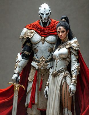 The primary subject of the image is a man and a woman dressed in medieval armor, standing together and posing for a picture. The man is wearing a silver suit of armor, while the woman is dressed in white. They are both holding swords, which are prominently displayed in the scene.

The setting of the image is a gray background, which provides a contrasting backdrop for the medieval-themed costumes. The visual style of the image is a combination of digital art and illustration, creating a